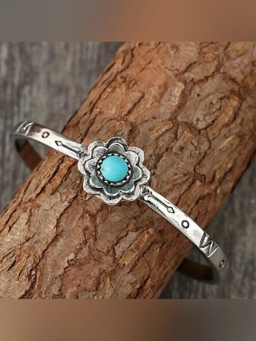Western Bracelet Boho Silver Floral Cuff Bracelet with Turquoise Stone